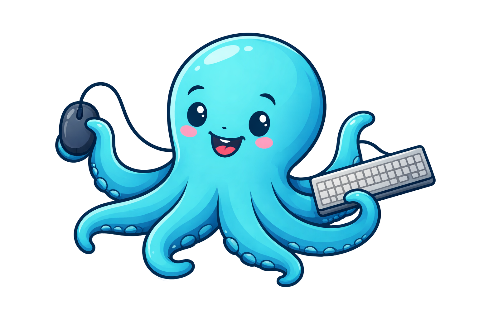 Freundlicher Oktopus mit Maus und Tastatur